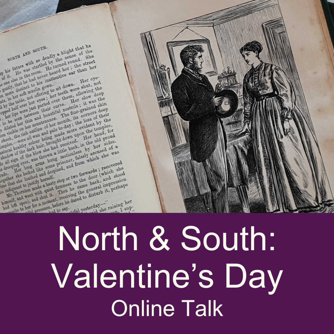 An open book with an illustration of a woman and a man. White text on a purple background reading North and South: Valentine's Day Online Talk.