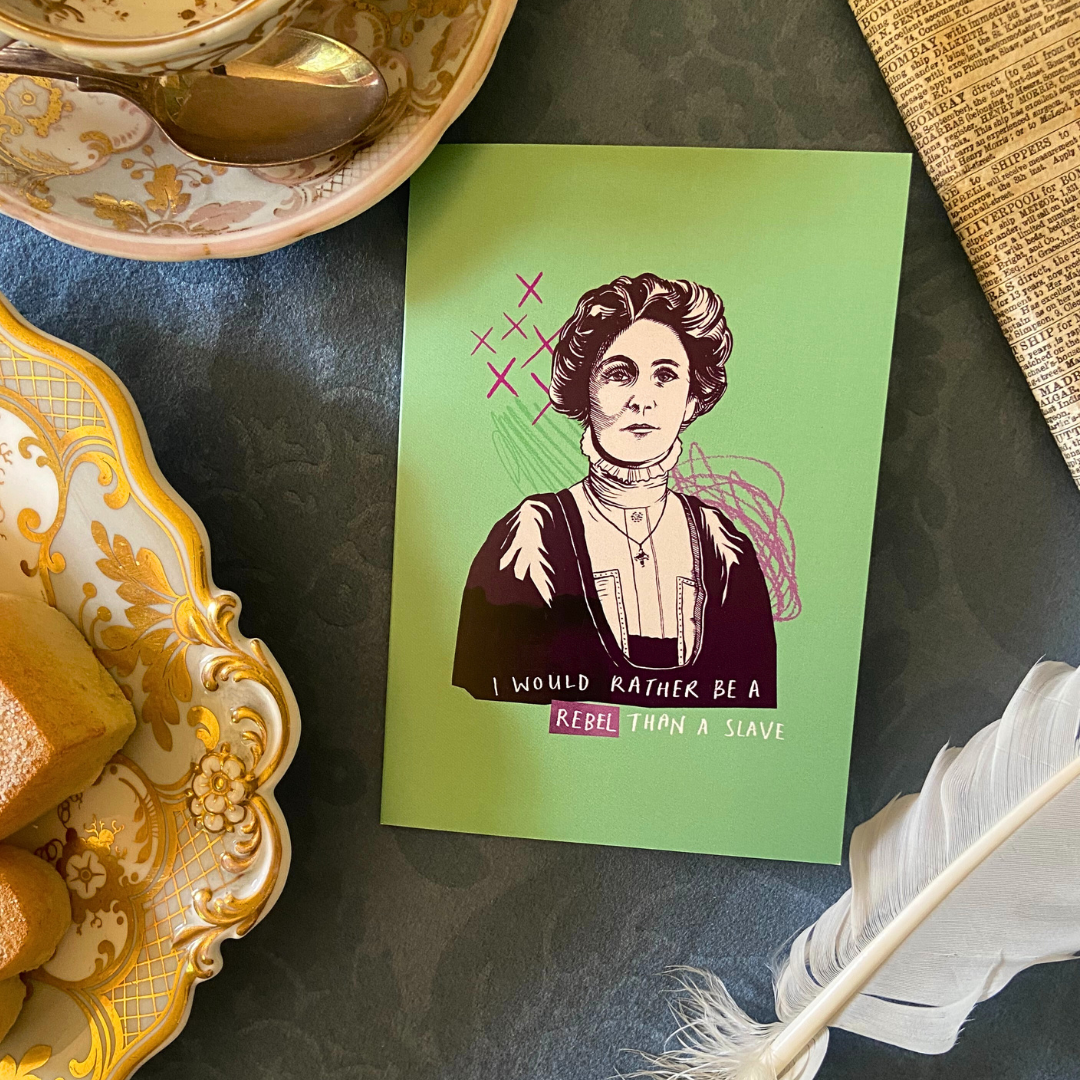 Greetings card featuring an illustration of Emmeline Pankhurst and a quote.