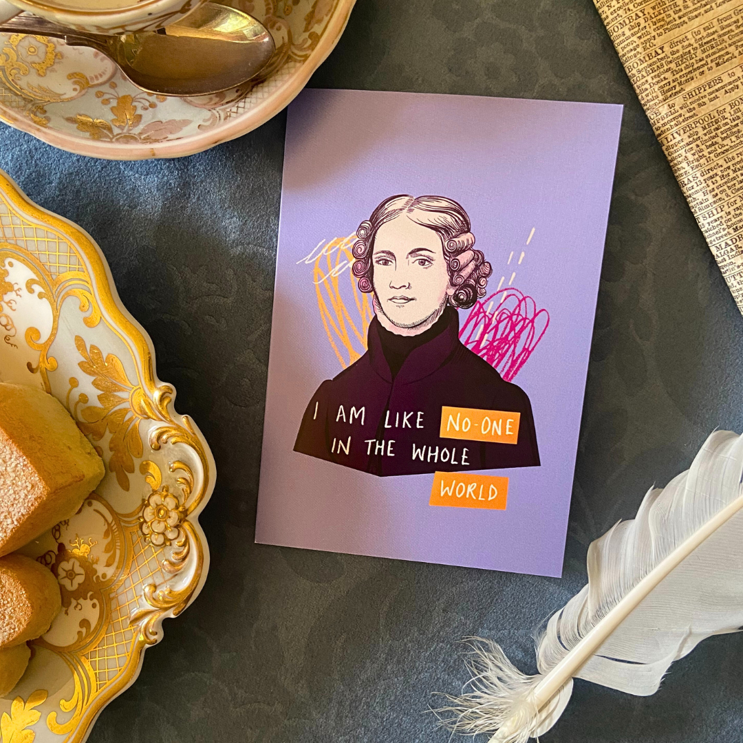 Greetings card with illustration of Anne Lister and a quote.