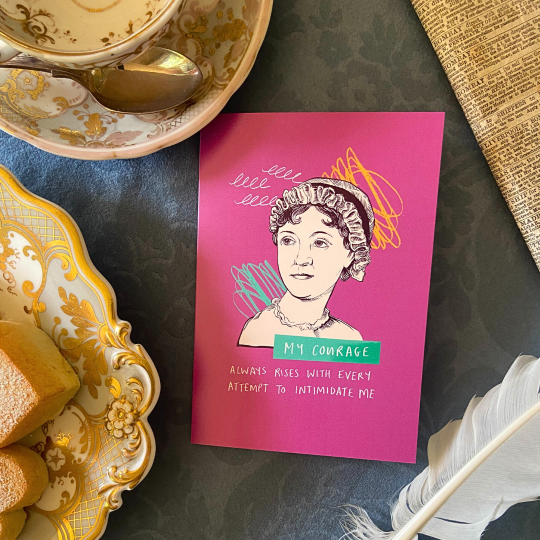 Greetings card featuring an illustration of Jane Austen and a quote.
