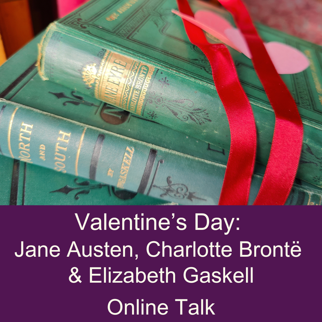 A thumbnail for an online talk. A stack of books with a red ribbon draped over them. White text on a purple background reading Valentine's Day: Jane Austen, Charlotte Bronte and Elizabeth Gaskell Online Talk