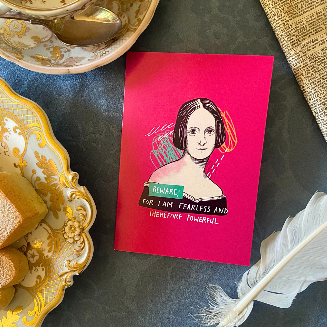 Greetings card featuring an illustration of Mary Shelley and a quote.