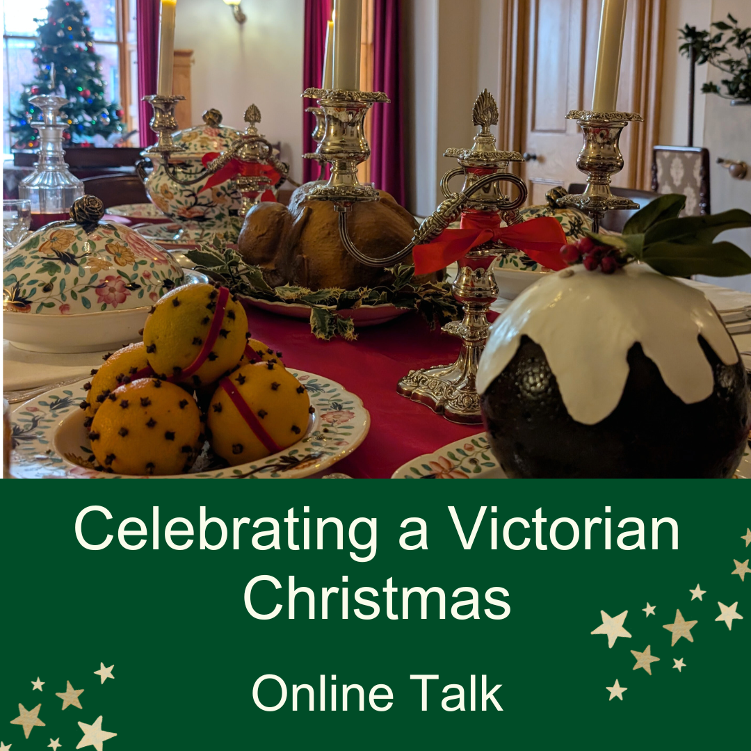 A Victorian dining table laid with turkey and a plum pudding. Green overlay with white text reading Celebrating a Victorian Christmas Online Talk.