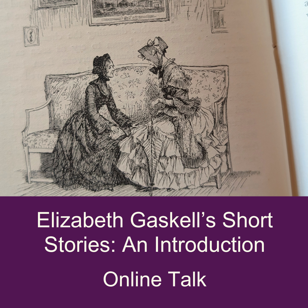 An open book with an illustration of two Victorian women sat down. A purple overlay with white text reading Elizabeth Gaskell's Short Stories: An Introduction Online Talk.