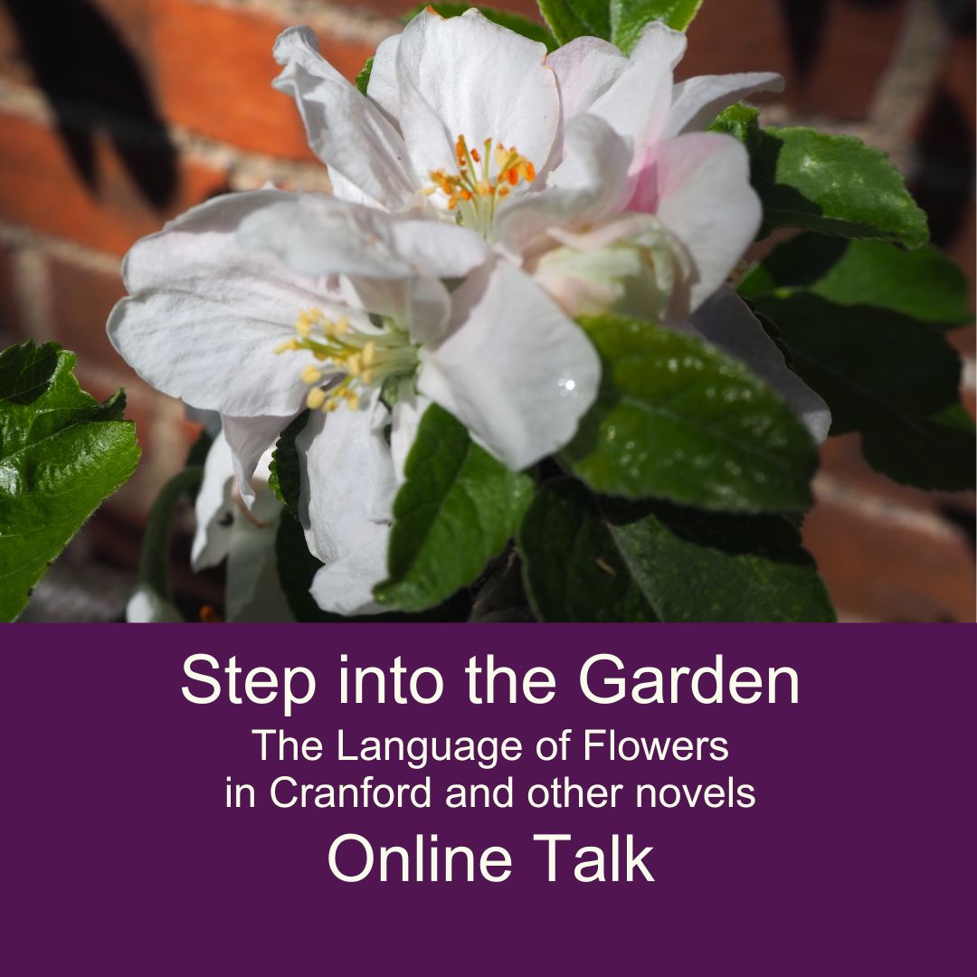 Apple blossom with white text on purple Step into the garden he language of flowers in cranford and other novels